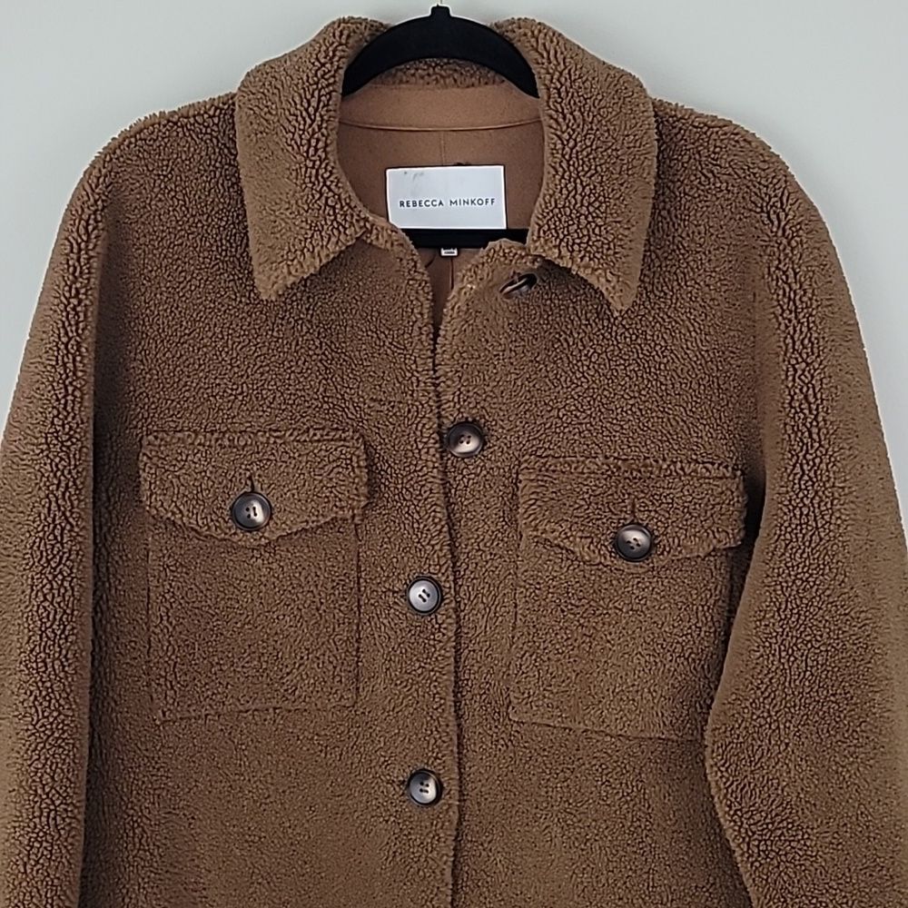 Rebecca Minkoff Brown Faux Shearling Button Down Long Overcoat w/Pockets Size XL - Picture 4 of 15